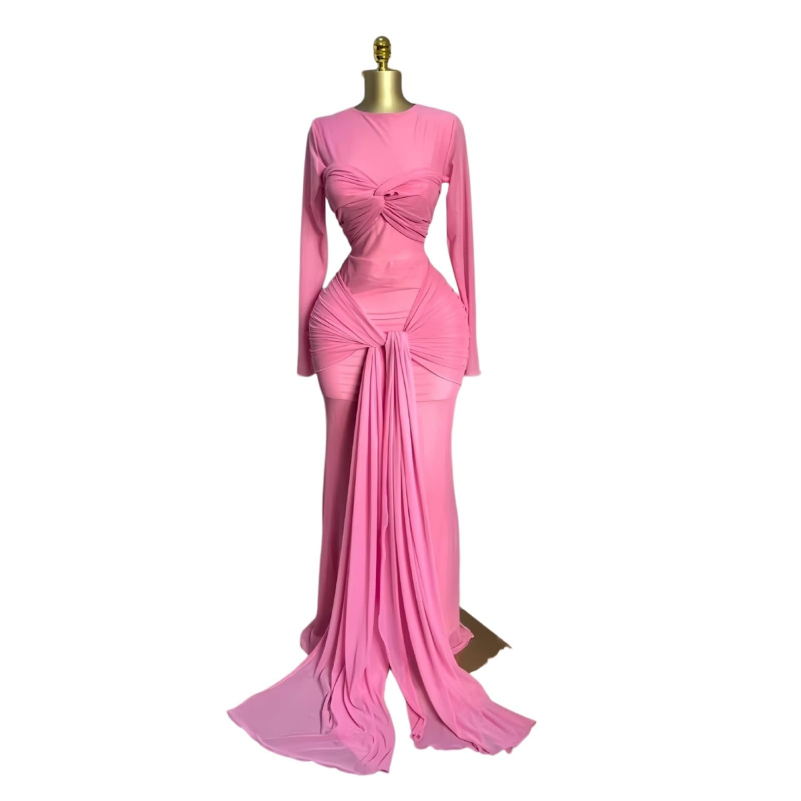 Vestito Donna Maglia Maxi Abito Manica Lunga Arco Dettaglio Sheer Elegante Festa Sera Vacanza Indossare-Red-l