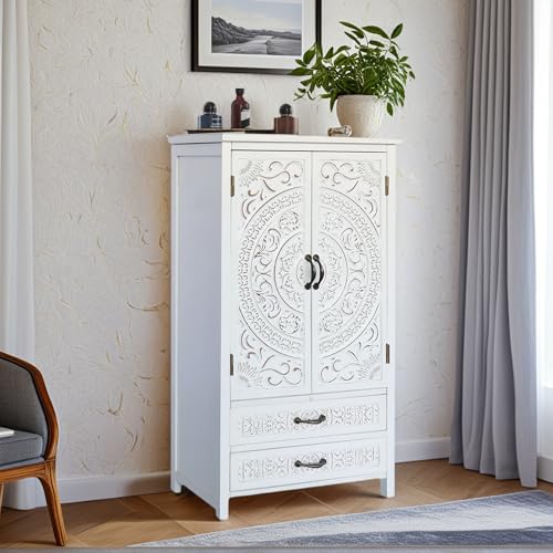 Image of French Country Farmhouse Cabinet - Decorative Storage Cabinet with Vintage White Finish Solid Wood Storage Cabinet for Multi-Room Use, Ideal as a White Sideboard Cabinet in Living Room or Dining Room