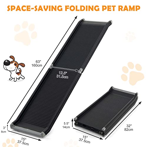 Goplus Dog Car Ramp, 63 Inch Folding Portable Pet Ramp For Large Old Dogs Suv Truck Bed W/Side Rails & Safety Lock & Non-Slip Surface & Carry Handle, Steel Frame, Supports Up To 265 Lbs #TOP6