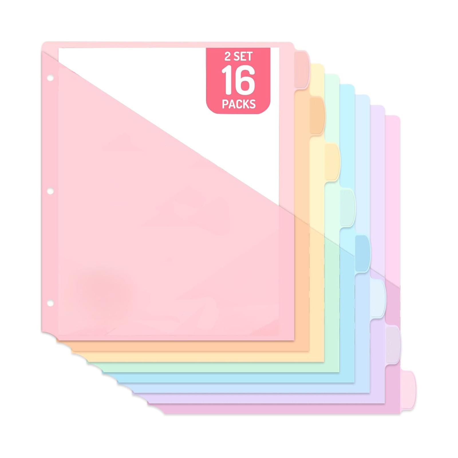 8 Pack Pastel Tab Divider Page Protectors 3 Hole Punch A4，Multicolour-16pcs