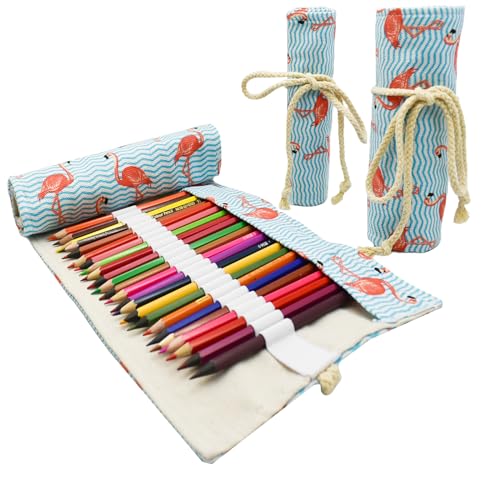 Image of Flamingo Pattern Canvas Pencil Wrap Case Colored Roll Up Holders Coloring Pencil Organizers for Artist Adult Sketch Travel Storage With 24 Slots(Flamingo)