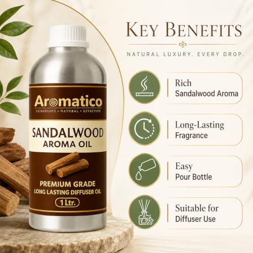 Image of AROMATICO Sandalwood Diffuser Oil with Strong, Long-Lasting Aroma. Woody, Spiritual Aroma Oil for Homes, Offices & Showrooms. Aromatherapy, Diffusers, Air Purifiers, Vaporizers - 1 L (1000 ml)