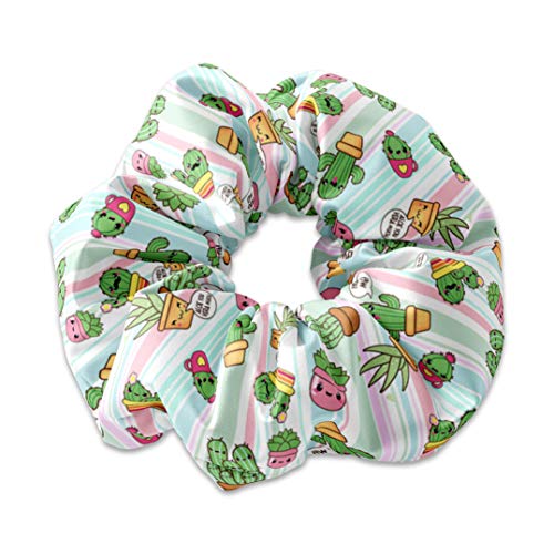 Kawaii Cactus & Succulents on Pastel Stripes Scrunchie Hair Tie, Cactii Scrunchys