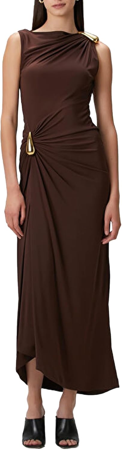 Women‘s Ruched Bodycon Dress Casual Sleeveless Club Elegant Party Cocktail Maxi Evening Dresses with Buckle Detail