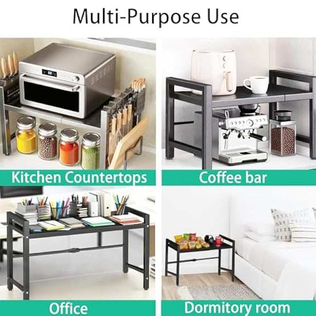 Adjustable Microwave Oven Rack, Microwave Stand Shelf Heavy Duty 2-Tier Shelf with Cutting Boards Stand Knife Rack and Chopstick Holder for Kitchen Shelves Counter Top Organizer, Holds 55lbs,6 Hooks