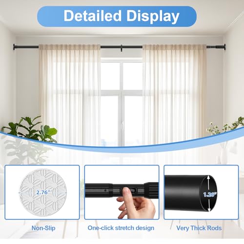 Image of Long Tension Rod 41-126inch Black Tension Curtain Rods no Drilling | 1.26 inch Diameter Outdoor Curtain Rod for Patio,Windows,Anywhere Heavy Duty Spring Rods Adjustable
