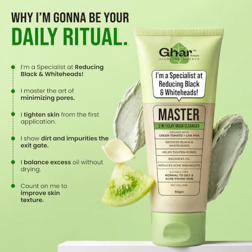 Image of Ghar Soaps Master Clay Mask Cleanser | For reducing blackheads and whiteheads | With Green Tomato Extract & Kaolin + green clay | For all skin types (50gm)