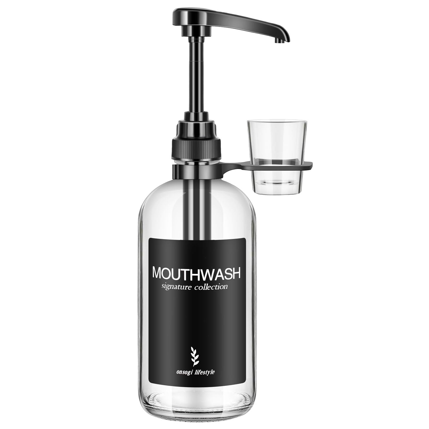 Onsogi Clear Glass Mouthwash Dispenser with Black Cup Holder and Pump, 16oz Rustic Boho Mouthwash Dispenser for Bathroom, Farmhouse Decoration, 1 Pack-image-39