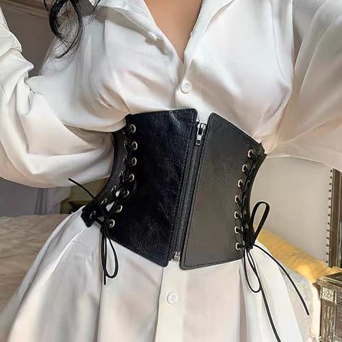 Women Lace-up Wide PU Leather Waist Belt Elastic Band Stretch Corset Belt2