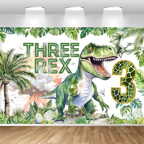 Dinosaur Three Rex Backdrop Boys ，Dinosaur 3rd Birthday Banner Party Supplies, Background Dino 3rd Birthday Party Decorations Banner