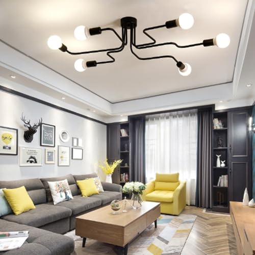 Plafonnier industriel E27 noir à 6 bras pour un éclairage optimal de salon