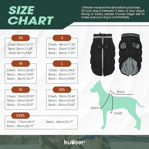 Kuoser Winter Hundejacke für mittelgroße Hunde, Wasserdichter & Winddichter Hundemantel mit Fleecefutter, Reißverschluss, D-Ring & Reflektoren, Warme Outdoor Hundebekleidung für Herbst & Winter, L