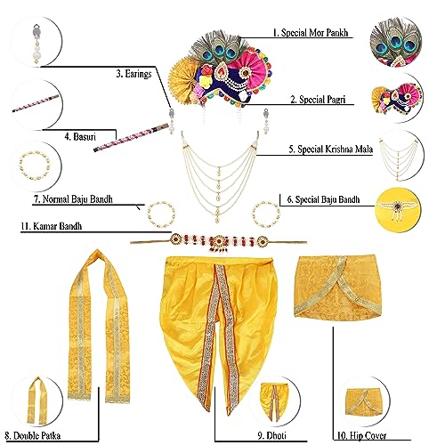 Image of Raj Fancy Dresses Shri Krishna Dress for Baby Boy & Girl, Janmashtmi Dress with Diaper-friendly Dhoti & Dupatta, Mor Pankh Mukut