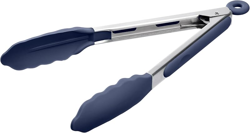 Pinzas de cocina con puntas de silicona para cocinar y servir (9 pulgadas, azul marino) | Pinzas para alimentos resistentes al calor de 600 °F, pinzas de bloqueo de acero inoxidable resistentes para barbacoa, carne a la parrilla, ensalada, tostadas, pasta