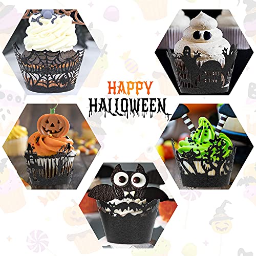 Halloween Cupcake Wrappers - 100 Pcs Halloween Cupcake Liners Black Baking Cups Holders Witch Ghost Castle Bat Spider Web Cupcake Toppers For Halloween Party Decoration #TOP7