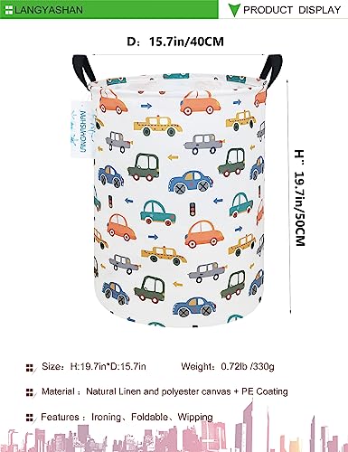 Image of Laundry Basket Canvas Fabric Collapsible Organizer Basket for Storage Bin Toy Bins Gift Baskets Bedroom Clothes Children Nursery Hamper (Round Color Cars)