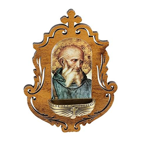 Catholica Shop Saint Benedict Holy Water Sacred Wooden Wall Font | 15 CM Length x 10.9 CM Width, wood Cover
