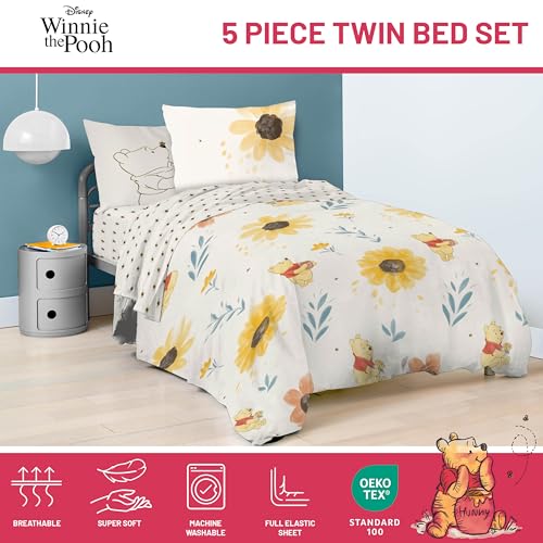 Image of Disney Winnie The Pooh Twin Comforter Set 5 Piece Cartoon Bedding, Beige | Bed in a Bag, Comforter Sheets Sham Pillowcase, Official Product, Soft Microfiber, Machine Washable, Easy Care, Kids Gift