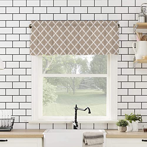 Beige Moroccan Quatrefoil Farmhouse Short Window Curtain Valances, Geometric Morocco Lattice Rod Pocket Kitchen Valances For Living Room Bedroom Bathroom Cafe, 1 Panel - 54" X 18" #TOP3