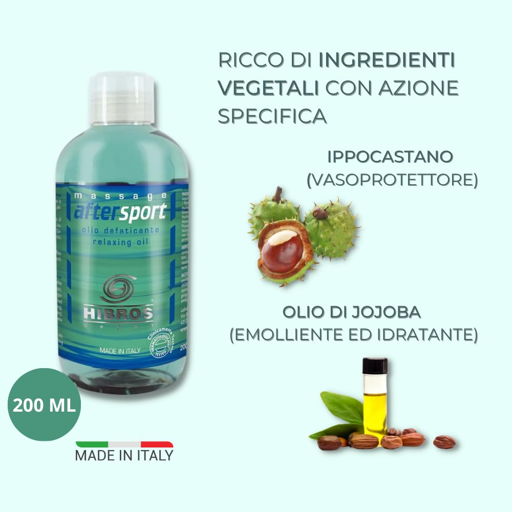 Hibros Olio Aftersport Massaggio Sportivo Azione Defaticante Rivitalizzante Emolliente Idratante Stimolante Post Attività Sportiva Dopo Sport con Ingredienti Naturali 200 ml