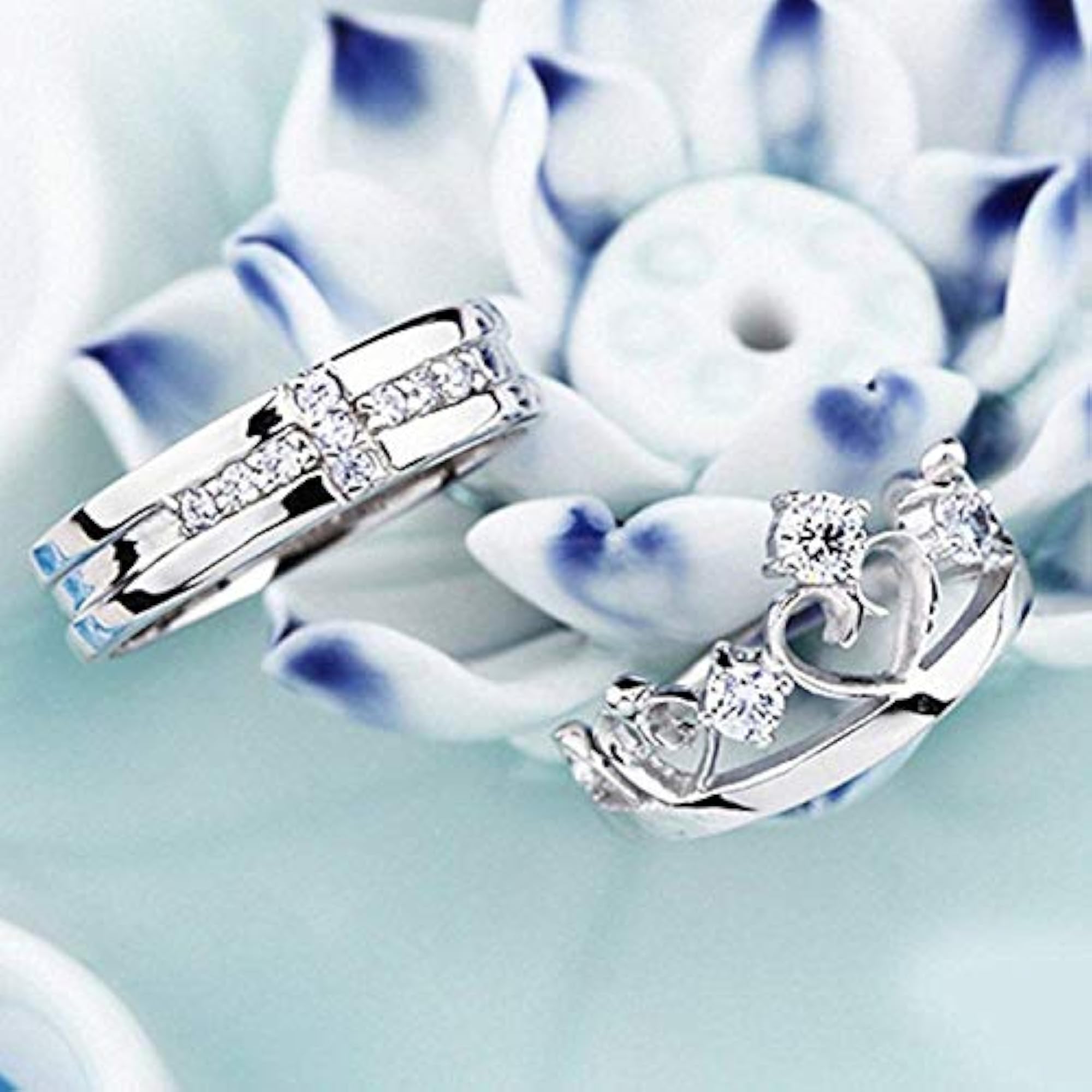 Rhodium Plated CZ and Crystal Couple Ring Set FRCO1103032R