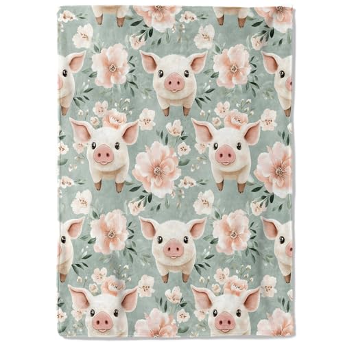 coedoaes Cute Pig Fleece Blanket - 50x60in Adorable Piglet and Floral Throw Blankets Soft Cozy Lightweight Ideal for Living Room Home Farmhouse Decor and Kids Women Girls Gifts