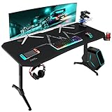 Furmax Gaming Desk T-Shaped Pc Computer Table with Carbon Fiber Surface Free Mouse Pad Home Office Desk Gamer Table Pro with Game Handle Rack Headphone Hook and Cup Holder (Black, 55 Inch)