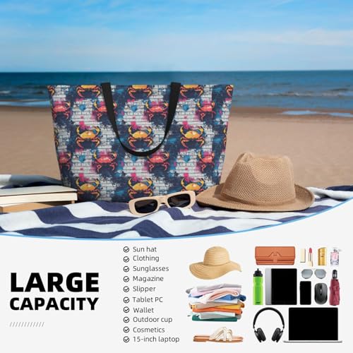 Large Beach Bags for Women Sandproof - Graffiti Crab Pattern Print Summer Travel Work Tote Bags with Zipper4