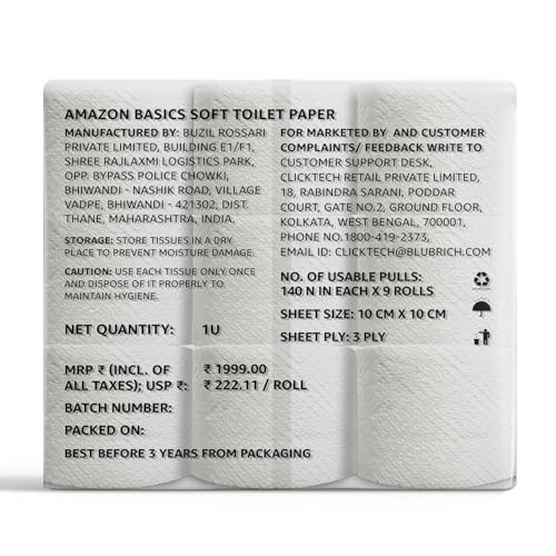 Image of Amazon brand- Amazon Basics 3 ply Toilet tissue Paper Roll 1260 pulls | 140 pulls x 9 Rolls| Soft & Gentle| Chemical-Free