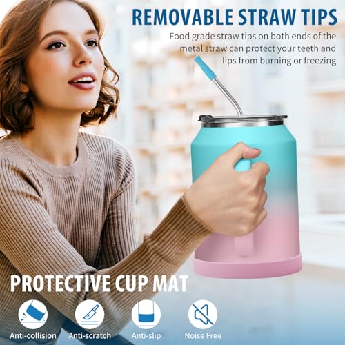Image of 32 oz Mug Tumbler with Handle and Straw - Large Stainless Steel Coffee Cup with 2-in-1 Lid, Insulated Water Bottle Flask Jug, Metal Thermal Cup Keep Cold 36 hrs, Leakproof Proof BPA-Free