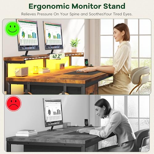 Image of 47.2 Inch Office Desk with Power Outlet & Ergonomic Monitor Stand,Gaming Desk with CPU Stand& LED Lights,Computer Desk with Drawer for Home Work,Study Redroom and Gaming,Small Spaces,Rustic Brown
