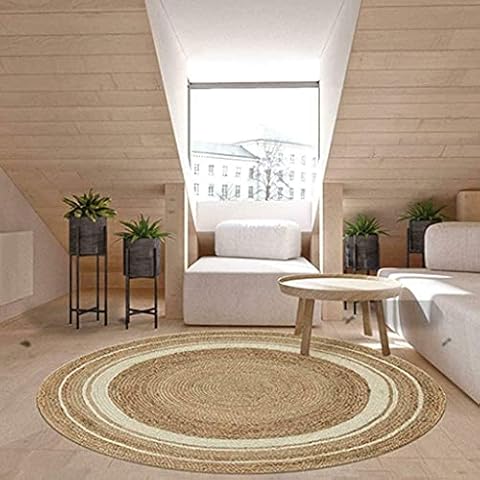 Rug Round 100% Natural Jute With White Line Hand Braided Reversible Area Carpet (90 x 90 Cm (3 Feet)) Cover