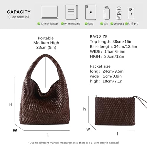 Image of Woven Bag for Women Vegan Leather Tote Bag Large Summer Beach Travel Handbag and Purse Retro Handwoven Shoulder Bag