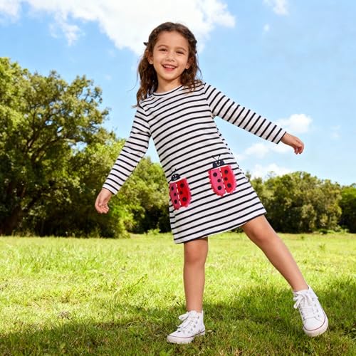 Image of Hongshilian Toddler Girls Longsleeve Dress Cotton Jersey Casual Dresses Cartoon Applique