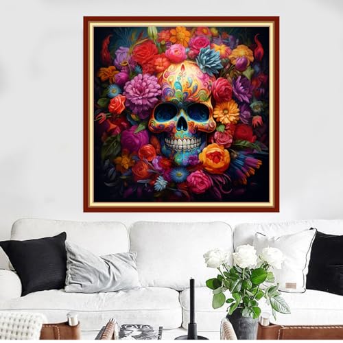 Image of Redxing Stamped Cross Stitch Kits Full Range of Embroidery Starter Kits- Needlepoint Counted Cross Stitch Kits for Beginner Adults 11CT Printed Embroidery Kit-Skeleton Flower 18x18 inch