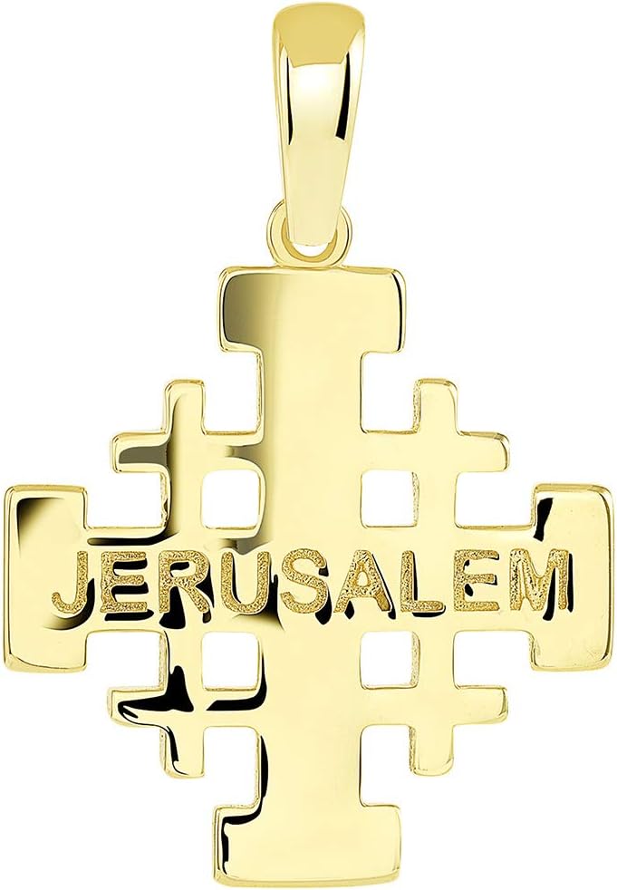 14k Yellow Gold Two Tone Crusaders Jerusalem Cross Pendant with Cuban Chain Necklace - Image 2