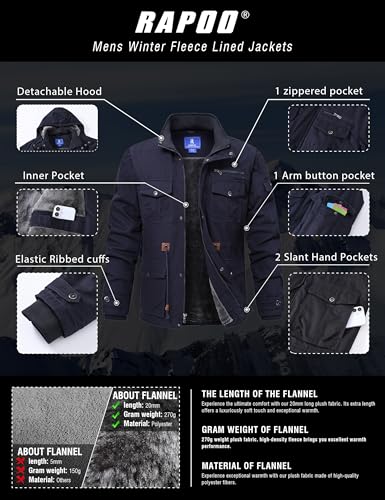 Image of Rapoo Men's Winter Jacket Cotton Work Military Jackets Fleece Lined Thick Warm Cargo Coats with Hooded