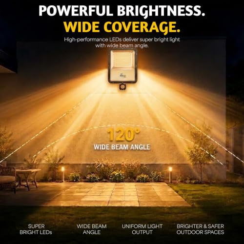 Image of Forus 150W LED Flood Light Amber with Motion Sensor Auto On Off Day Night Mode Waterproof Outdoor Security Light for Garden Parking Garage Factory Warehouse High Bright Floodlight 4Yr Warranty-1Pc