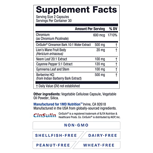 1Md Nutrition Glucosemd - With Patented Cinnamon Extract, Chromium, Berberine | 60 Capsules (2-Pack) #TOP1