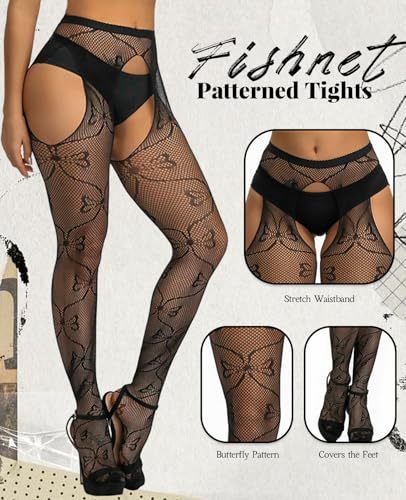 Image of Sesiwadbe Womens Fishnet Patterned Tights High Waist Suspenders Pantyhose Thigh High Stockings