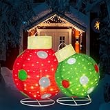 2 PCS Large Pop-Up Christmas Ball Ornaments Outdoor Decorations with Built-in 200 Led Lights Lighted Giant Xmas Ball for Yard Lawn Porch Garden Indoor Home Winter Holiday (Red and Green)