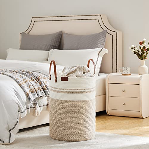 Image of VIPOSCO 72L Tall Woven Rope Laundry Hamper, Leather Handles, Brown & White