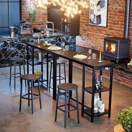 Bealife Bartisch mit Barhocker-Set, Kneipentisch-Set mit 2 Ablagen und Glashalter, Küchen-Bartisch-Set für Küche, Wohnzimmer, Esszimmer (Schwarz)