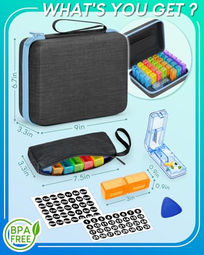 Image of Monthly Pill Organizer 2 Times a Day, with Portable Hard Shell, Pill Cutter, 31-Day Box, Plastic Opening Pick, Monthly & Weekly Stickers, Convenient Medication Management (Blue, 2 Times a Day)