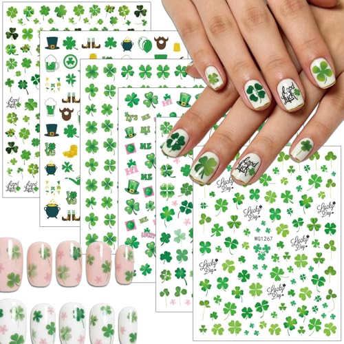 6 Sheets St.Patricks Day Nail Art Stickers Luck Four-Leaf Clover Nail Decals 3D Self-Adhesive Green Hat Beer Nail Stickers DIY Saint Patricks Day Manicure Decorations for Women