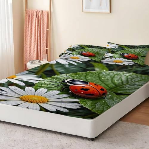 Latwerio Sabanas 105x200 Infantil Mariquita 3D impresión Sábana Bajera de Microfibre Suave y Cómoda, Hojas Verdes Funda de Colchón Sábana con Elástica Bolsillo Profundo 30 cm, Sabanas Cama 105, T612