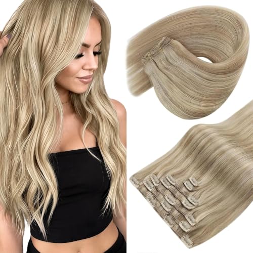 Sunny Hair Clip in Hair Extensions Real Human Hair Blonde Highlight 20inch