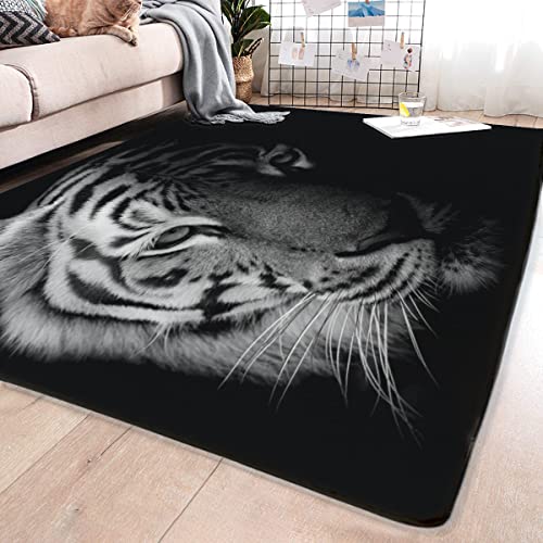 Emosha Animal Tiger Area Rug, Mysterious Horror Tiger In Black And White Polyester Area Rug Mat For Living Dining Dorm Room Bedroom Home Decorative 80X60Inch #TOP1