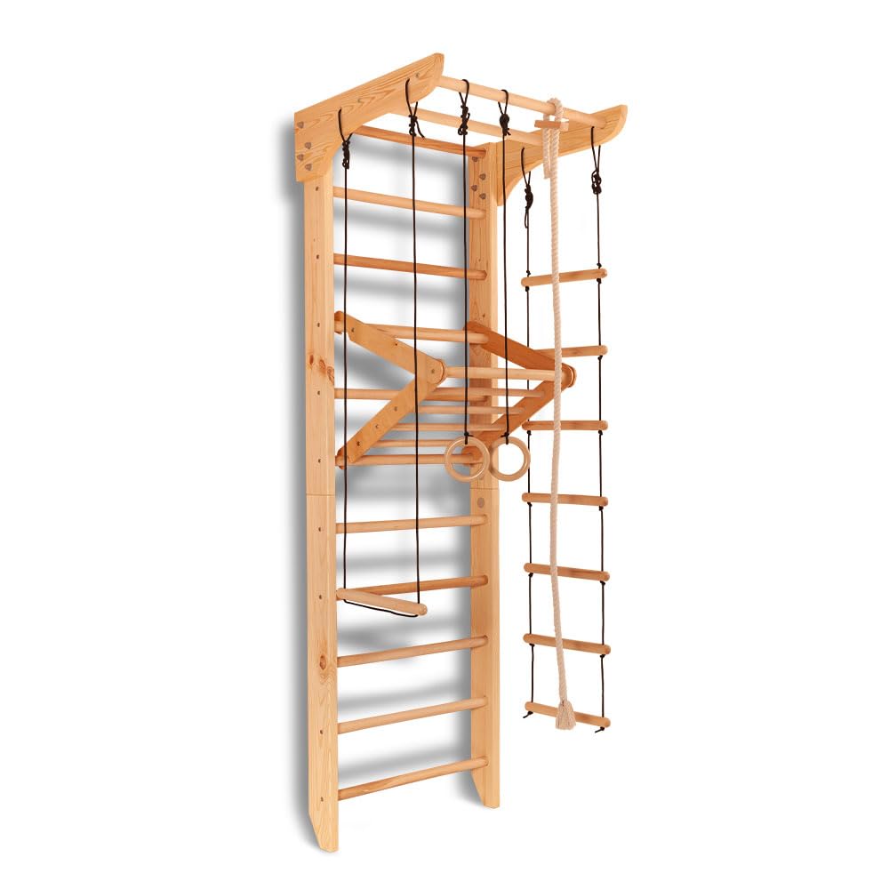 Sportgerät Kletterwand Klettergerüst Fitness Kinder-4-240-BLACK Rope Holz Sprossenwand mit Stange Turnwand Kinder Gym, EU-Warenlager, Zertifikat!