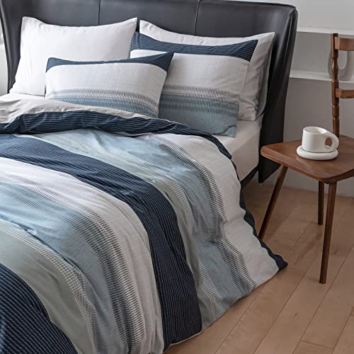 Image of EAVD Cotton Duvet Cover Set Twin White Gray Blue Striped Duvet Cover ModernStyle Geometric Striped Bedding Set for Boys Girls Simple Style Geometric Comforter Cover with Zipper Closure